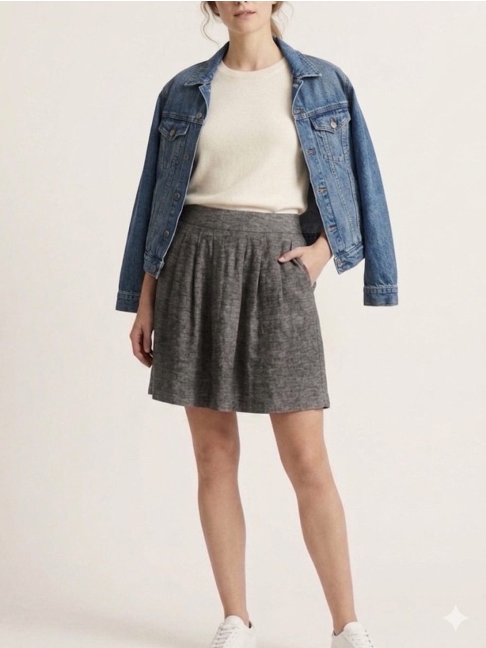 Eileen Fisher Linen Skirt Size Medium Grey Knit Pleated Side Pockets Loose Fit